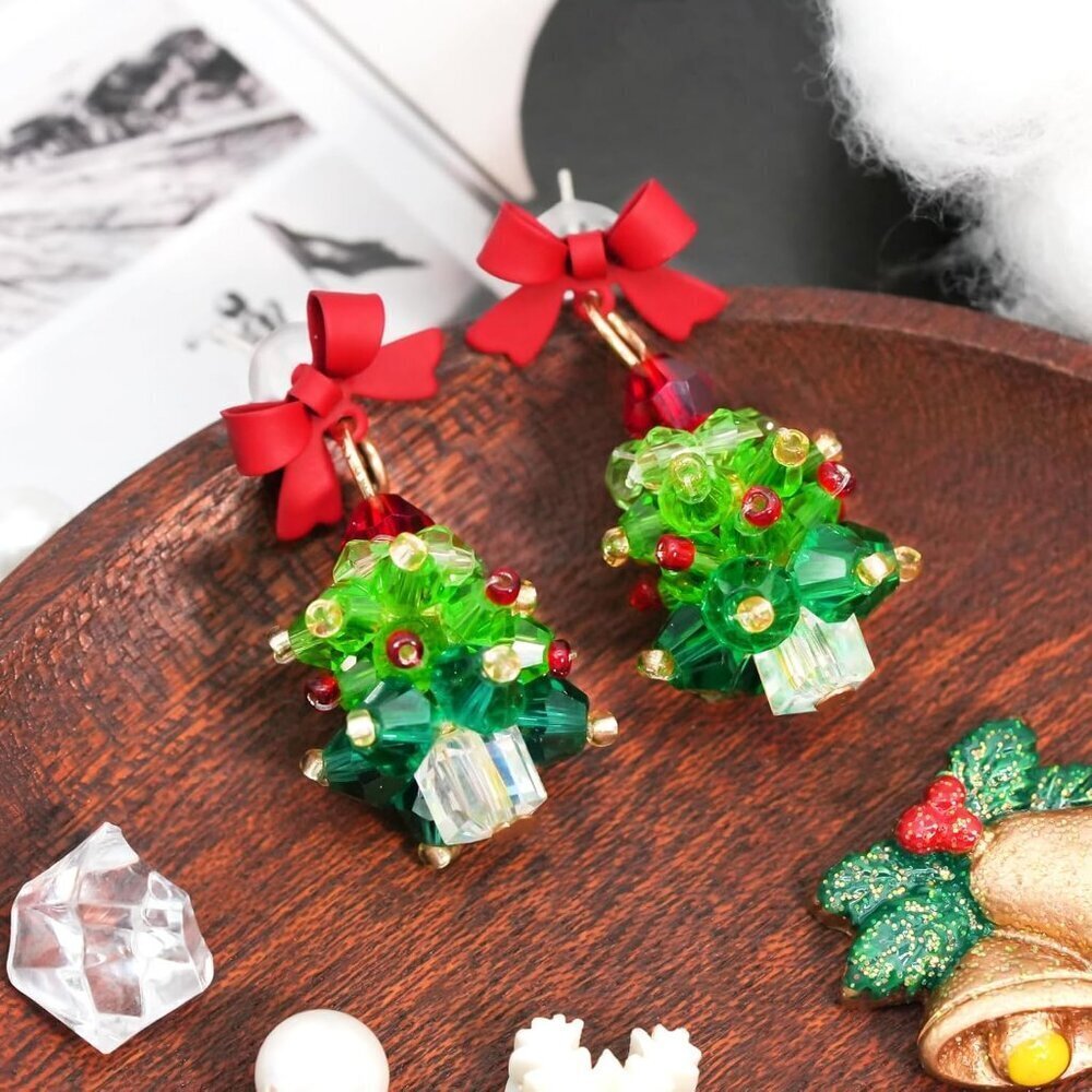 Women's Red Bow Handmade Beaded Green Christmas Tree Dangle Earrings Cute Bow - Picture 5 of 8